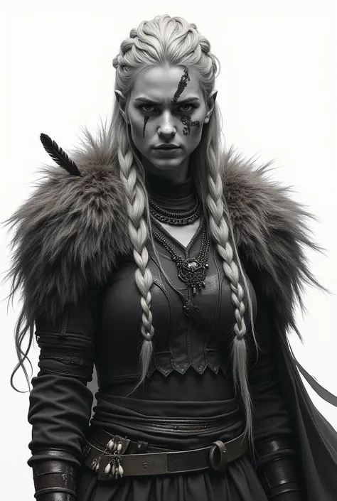 black and white drawing of a Viking warrior woman with braided hair, wearing war paint on her face, feathers in her long blonde braid, looking forward, white background, high contrast, low color palette, fantasy style, detailed --chaos 55 --ar 1:2 --person...