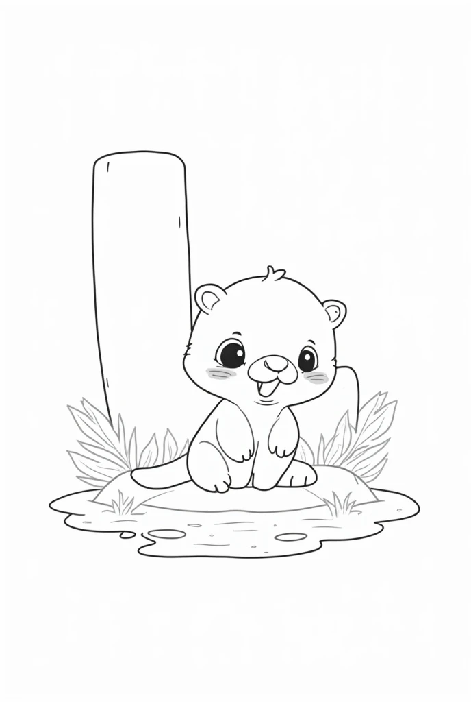 cartoon line drawing of a cute baby otter ,  black and white image,  coloring book with fun backgrounds showing an entire capital letter L of the alphabet in a block capital letter in the background,  JUNGLE BOTTOM,   , well-defined lines.