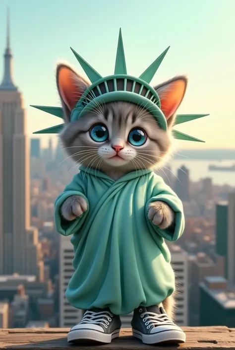  cute kitten stands on two legs , Round eyes, clear blue eyes,  dressing up as a Statue of Liberty , Grey sneakers,  the background of New York , 3d, illustration, ( better quality,4K,8 k, high definition ,masterpiece:1.2),super detailed,( realistic ,photo...