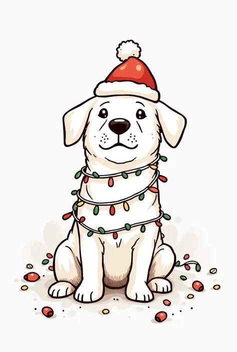 A simple line illustration of A  little cute dog is tangled in garlands, with a Christmas hat on its head, and Christmas tree decorations scattered around. The expression on the dogs face is innocent, like someone who has “done nothing.” The design is mini...