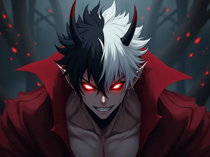  Makes a demon men with black hair on one side and white on the other with light red eyes styler   , anime,  angry , endroit sombre , 