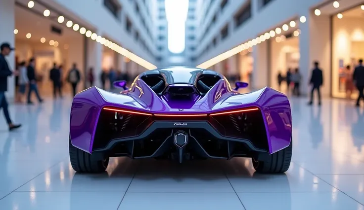 A Photo Of The rear back side View Of A purple 2025 Can-Am Ryker With A Sleek Full Modified Modern Design.The Display Logo Of Can-Am Ryker The Car Is Parked On A White Surface.The Background Is A Shopping Mall With White Lights.The Photo Reveals The Luxuri...