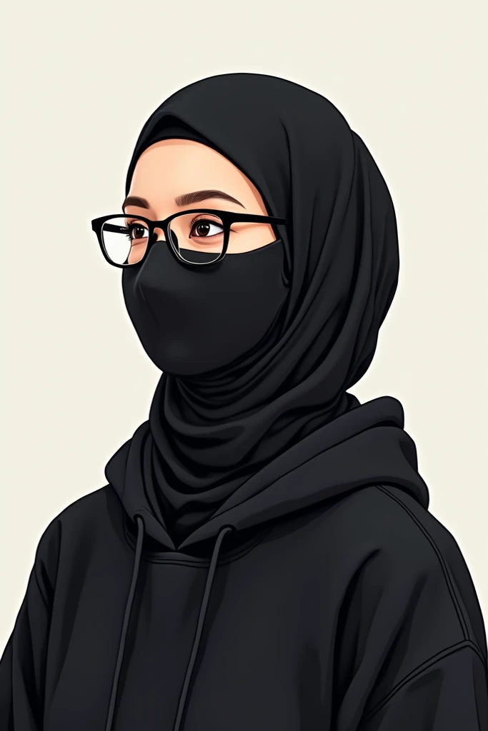 A digital illustrator women with black hijab face mask with glasses with a black hoodie and a plan background 
