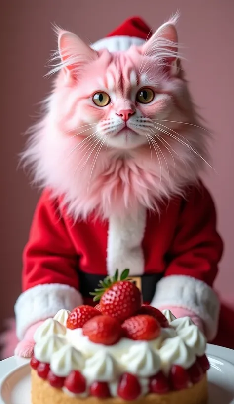  pink cat dressed as Santa Claus。The cats coat is beautiful 。Im eating a whole cake with lots of strawberries。 real。 portrait。Magazine photoshoot、 Max Image。