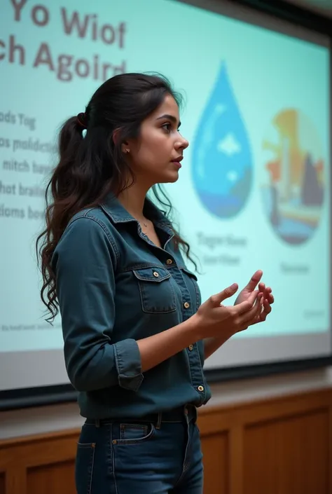 create an image in which a univirsity  student her  name is "Mahnoor Sajid"  presentating a presentation on the topic of "Water Pollution" And the girl student  body type is a littel bit bulky. Make an best and beautiful image. Also show the name of presen...