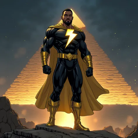 Muscular 22-year-old black Adam wearing a tight black suit with gold bracelets and gold boots and a golden lightning bolt on his chest atop a pyramid in the middle of Egypt at night drawn in hero comics 