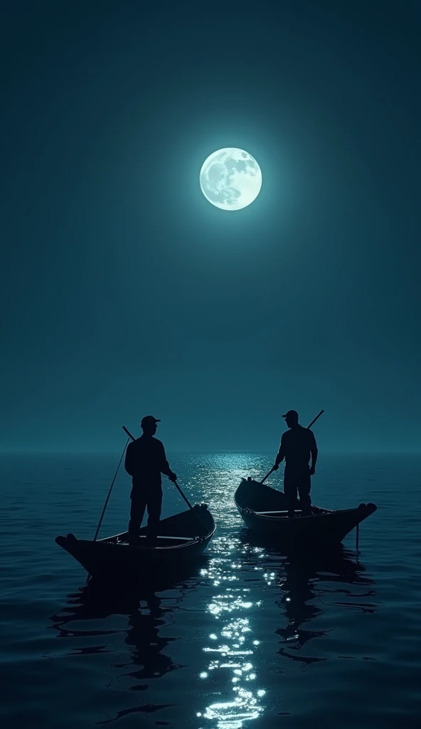 On the moonlit night at sea there were 2 silhouettes of 2 fishermen caught in their different boats with light.
