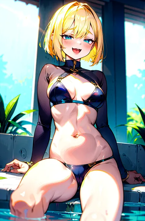    1 girl,  Blonde Bob Hair  ,    blue eyes,  White Bikini,Realistic background pool  ,A stylish adult woman、 big breasts  , Awkward,  grimace  ,   Bransing ,   open mouth wide, bangs between eyes, Front View、 high definition ,  blush,  Anatomically Correc...