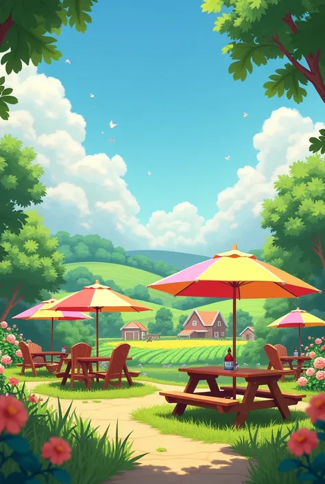 themed farm  , The image that is in the zenith plane,    And picnic chairs is summer with 4 umbrellas 