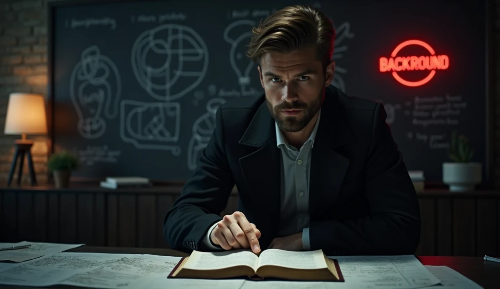 A cinematic scene with an atmosphere of mystery and investigation,  set in a dark and modern office , filled with documents and maps scattered on a dark wooden table. In the background,  a blackboard is covered with notes and interconnected diagrams ,  sym...