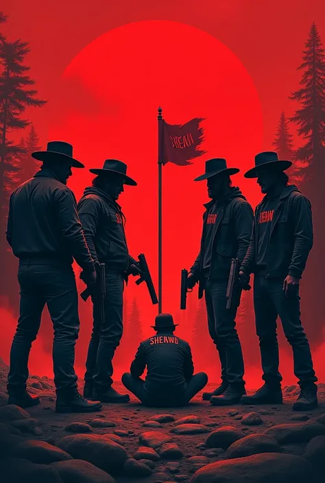  An 8d logo with four guys holding a gun looking at a man on the ground with a red sky behind a forest the stony ground holding a flag each man wearing a hat with shrewd words,sheik, Rick and Renan 