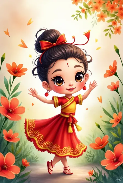 Watercolor rendering. so cute A Laotian s dancing, laos national flag, with a background of Dokchampa, Laoss national flower. The ’s expression and pose should be particularly cute. The light and shadow should highlight the ’s adorable big eyes and soft sk...