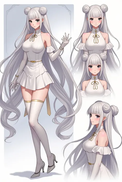 (masterpiece, highest quality)), Detailed face, Character Sheet, whole body, Full of details, Various poses and expressions, Very detailed, depth, Many parts, One girl, White Skirt, gloves, stockings, Long sleeve, White Hair, Space Buns Hair, Long Hair, Bl...