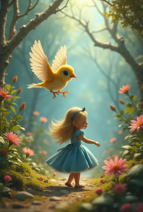  I want it to be a character like Alice in Wonderland.  it must be a small bird and  . It must be cute .  I want the scene to draw must have that new character above Alices head and .  I want it to be a scene where the bird makes Elise fly 