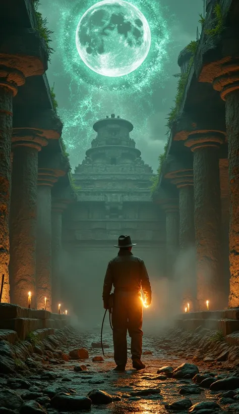 Inside a very mysterious beautiful and dark ancient city. The elaborately built city conveys its former glory. Three-point perspective, supernatural phenomena occurring. Also futuristic. Indiana Jones (Harrison Ford, movie character, with fedora hat, leath...