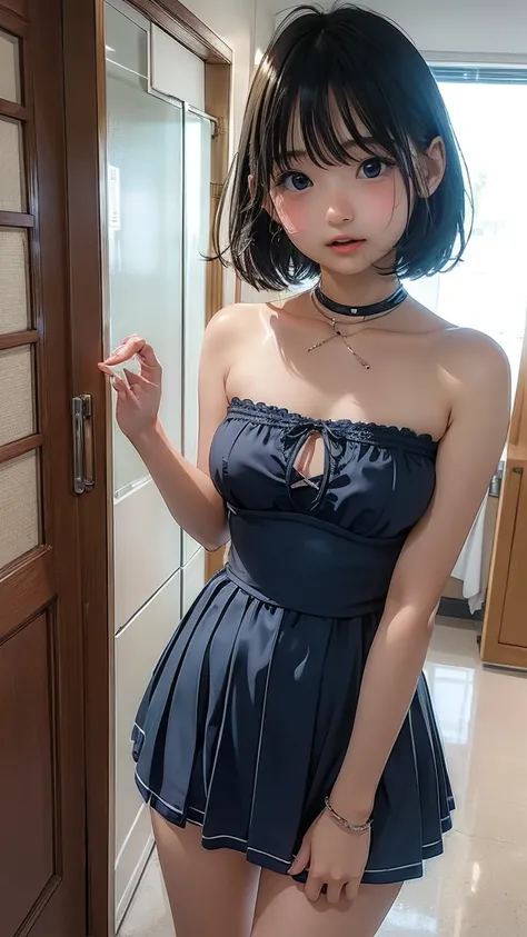 ((( Very Cute Girl )))、Junior high school students、 bob cut 、 dress、Bandeau、Big Breasts、 underbust pose