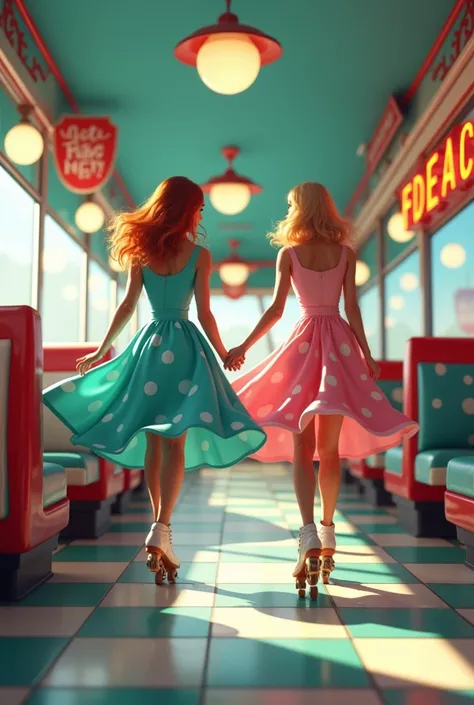 Local from the 50s with waitresses in skates and long skirts with polka dots of the time in light blue and pink colors