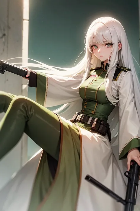 Woman long white hair green eyes army uniform gun