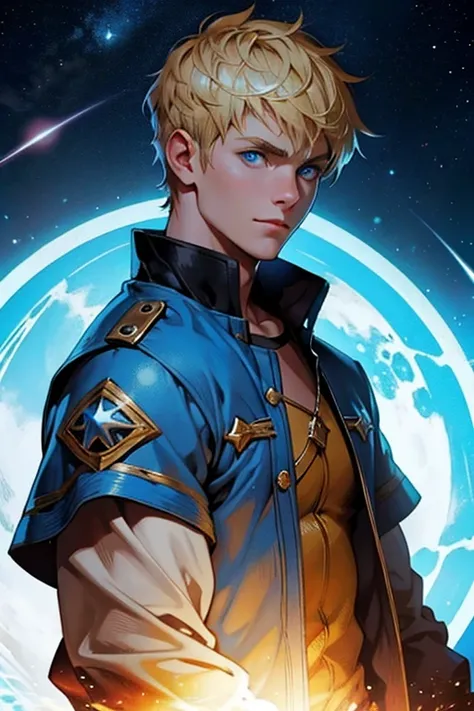 Boy,  blue eyes, blond,  short hair,  Star wanderer, fantasy, demigod 