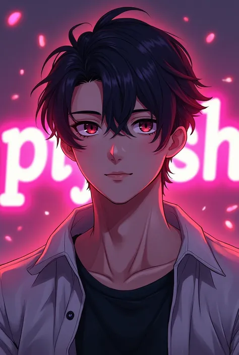 Make a handsome anime boy age 18 years  write PIYASH in background show full PIYASH text glow