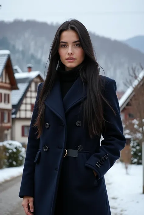 photo portrait of a beautiful young European-looking woman at the age of 18 with long black hair in her hair, two long straight tails on the sides. Dressed in a dark blue pea coat and black velvet pants .  In the background, a village with half-timbered ho...