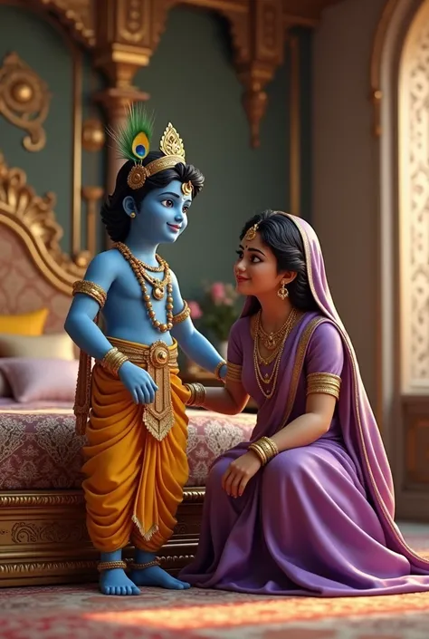 Create an 3d realistic image of Sri Krishna and his wife playing with their little  son sambha.Sri krishna being blue skinned having peacock feather in hair wearing crown and wearing traditional yellow dhoti and yellow sash with ornaments.His wife wearing ...