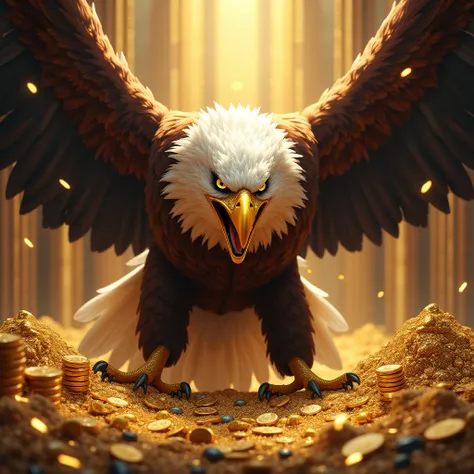 An angry eagle with a golden beak and a lot of gold and luxury money 