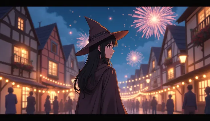 8k、 high school girl、 mature、smile、 Looking Back、 back view、dark brown robe 、Three-cornered hat、 medieval Europe 、 otherworldly、town、firework、Adventures End 、Party、night、 romantic、 glitter、Anime 2D Style、Lo-Fi、LoFi、アニメ調Illustration、Illustration