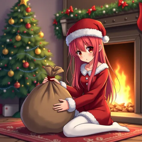 A cozy anime styled Christmas scene featuring a girl with red long hair and red eyes dressed as Santa Claus sitting on the floor by a fireplace. The person is wearing a red Santa hat, a red dress with white trim, and white pantyhose. They hold a large, dir...