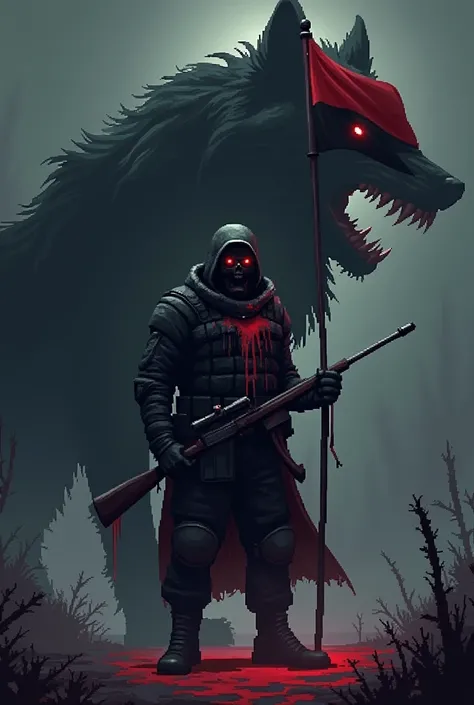 A terrible soldier in a black uniform with a black gas mask and a black helmet and red glowing eyes and blood all over him is holding a rifle and the flag of Serbia, dark background,huge shadow of a wolf with black eyes is snarling and has blood on his mou...