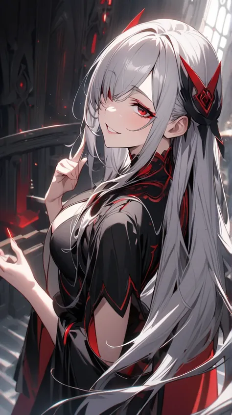 ( best quality, ),  beautiful woman ( red eyes、 Silver Hair), elements、Dark sister in clothes， well-groomed face from a sense of distance、 perfect finger(Beautiful hands and fingers)A confident smile、( close one eye、 winks、Looking up)、solo,  long hair, che...