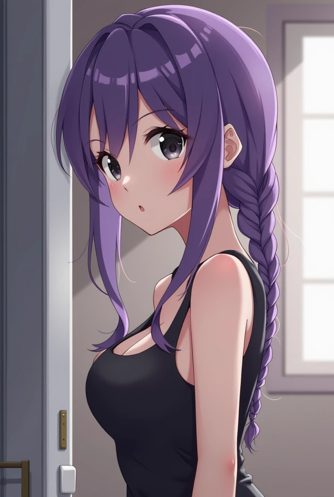 1 woman, pretty face ,twin purple braids, tank top outfit, chest conspicuous ,mole under mouth, rest room background . (HD picture ,  high-resolution , best quality,  Masterpiece,  Detailed Image , HD orientation, High pixels,  Anime Style)Look at the audi...