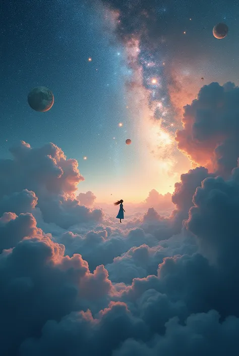 a vast cosmic landscape, a person soaring through the sky, blue and golden ambient lighting, countless stars and galaxies, wispy clouds with shimmering holographic projections, highly detailed, photorealistic, 8k, cinematic lighting, dramatic composition, ...