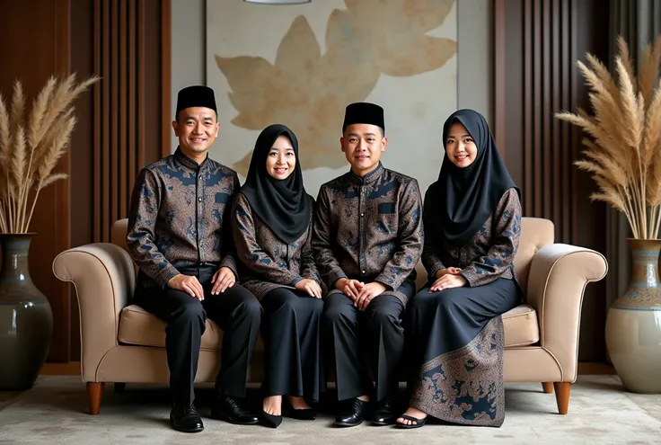  Full body photo of the family consisting of  : ((4 people))
 50-year-old father, mother 40 years old ,  man 30 years ,  woman 25 years old .

Clothes :
 Father and son wearing black peci ,
 Mother and daughter wearing hijab .  All wearing Indonesian batik...