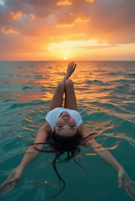 

 real photo in the middle of the ocean with a view of an amazing sunset and of  (Sidney )  lying on your back floating there is  ( a beautiful Mediterranean model with straight wet black hair and dark brown eyes... in a white space )  barefoot from the s...