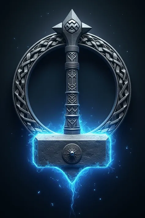 Center Hammer  (Mjolnir):

 The hammer is sturdy and detailed ,  with a handle decorated with Norse lines and runes ,  symbolizing wisdom and power .
 The hammer head has a subtle sheen ,  with electric blue energy patterns that expand like mystical fissur...