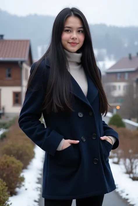 photo portrait of a beautiful young European-looking woman at the age of 18 with long black hair in her hair, two long straight tails on the sides. Dressed in a dark blue pea coat and black velvet pants .  In the background, a village with half-timbered ho...