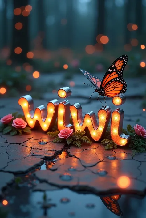 This image features three-dimensional text that reads “WIWI” in a stylized cursive font.  This text appears to be made of shiny material and decorated with roses and small droplets probably simulating morning dew.  The background is a cracked surface resem...