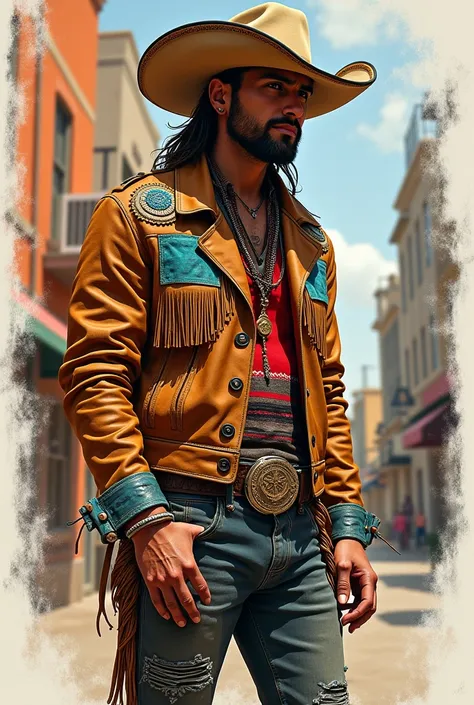 A cowboy inspired urban male look, rodeo vibes with a touch of mariachi and a bit of native American vibe, color sketch