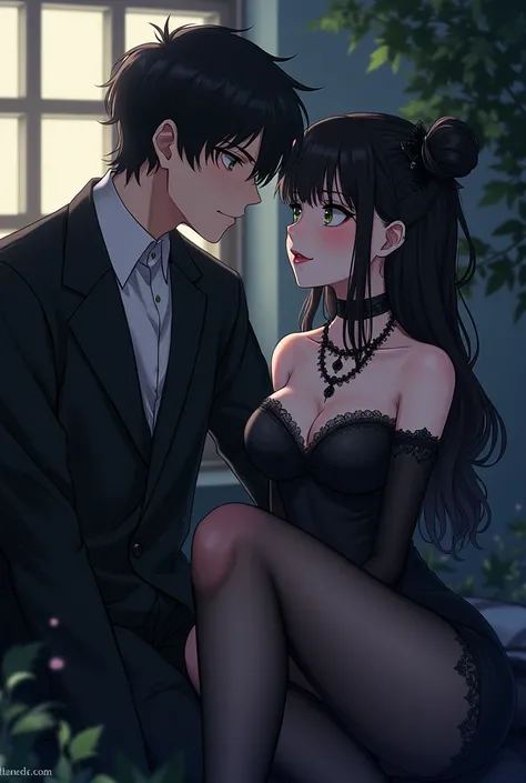 I want you to generate an image of a guy  , Infatuated lover looking down at his gothic girlfriend in pantyhose ,  anime style.