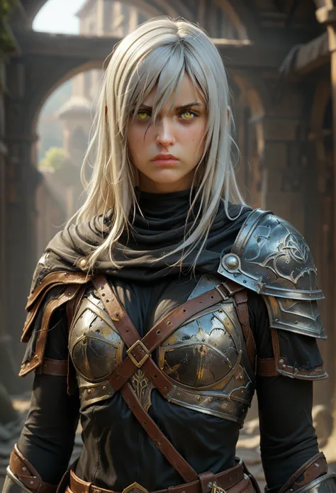 a tired young female knight of about 23 years age resembling (Erza Scarlet:Motoko Kusanagi) with soft features, medium length white hair and golden eyes, with a sword sheathed at her back, in an orc encampment, wearing a black bodysuit underneath the armor...