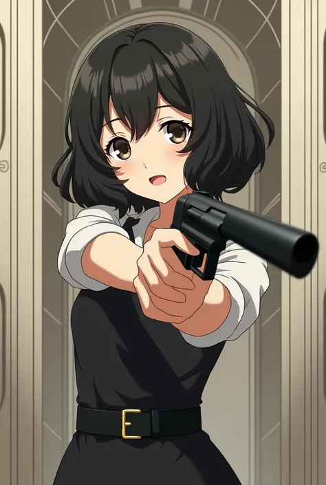 Draw an animated anime girl from the 1930s with a black and white anime gun 