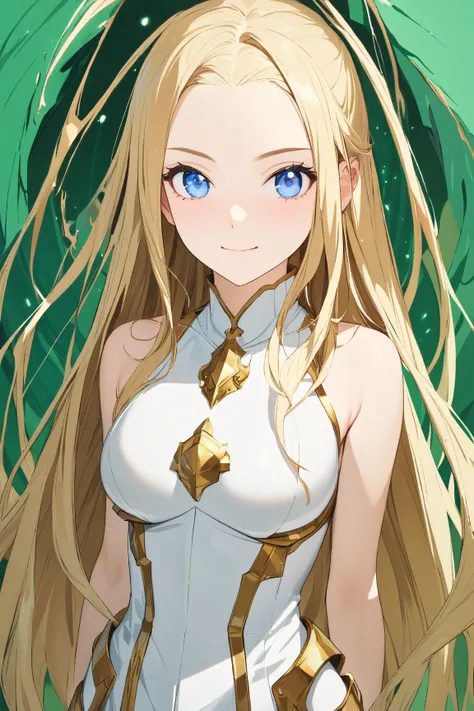 (green background), character focus, Break, 
1 girl, (cute face), 20 years old, tall, height 1.7 meters,, Standing Upright, full body, blonde hair, long straight hair, parted bangs, blue eyes, light smile, (medium breasts:1.2), slim, wearing fantasy game s...