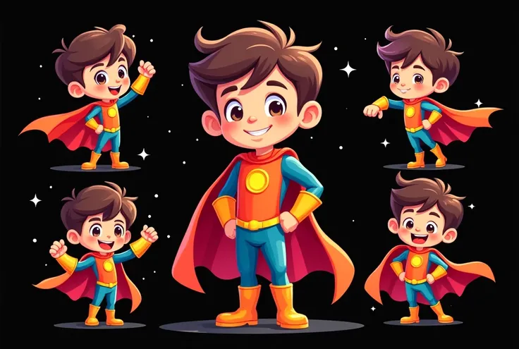 Cute, digital 2d a super hero boy cartoonish in many different poses and emotions against black background