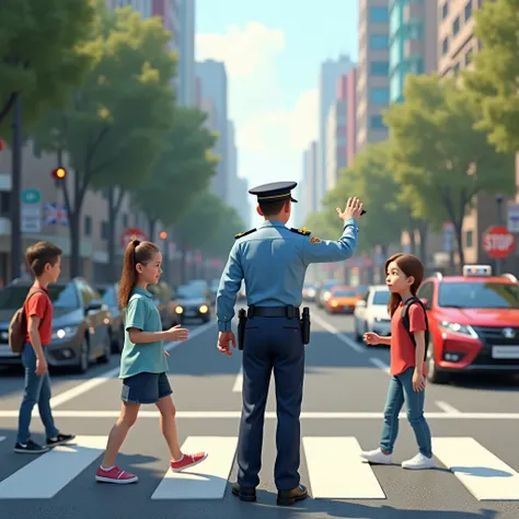  Traffic police helping citizens cross the street ,.  Police helping citizens cross the street , While cars wait for the policemans signal 