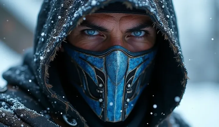 close-up. Mortal kombat Sub-Zero  in a cold, snowy environment. The warrior is wearing a dark, weathered hooded cloak with visible frayed edges, partially covering their head. Their intense, blue eyes peer out with a piercing gaze, exuding a sense of power...