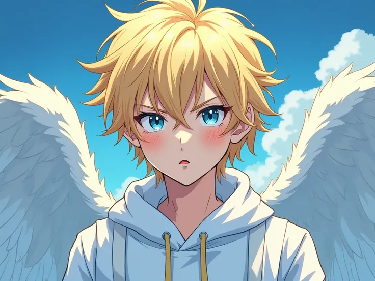 a feeling angel with an envious face talking to thousands of angels and convincing them to do something, He had blond hair . Make the image in the manga style ,  as if it were drawn by Gege Akutami, use shades of blue ,  white and black colors among other ...