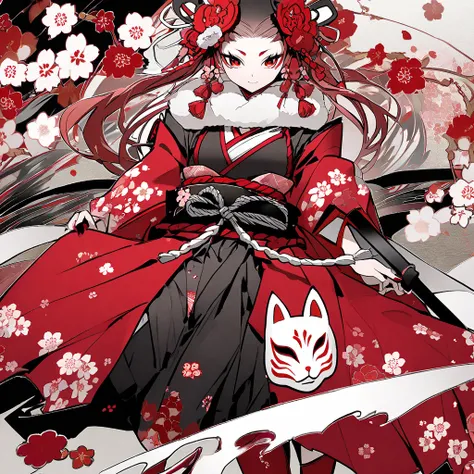 Japanese Fox Mask Cherry Blossom Red, White, Black