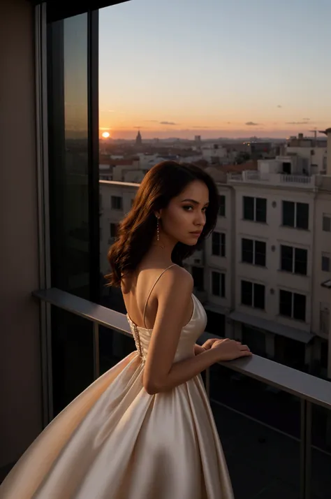 An elegant woman in a silk dress standing on a balcony at sunset, looking out over a cityscape. Her expression is captivating and mysterious, suggesting she holds secrets you want to uncover