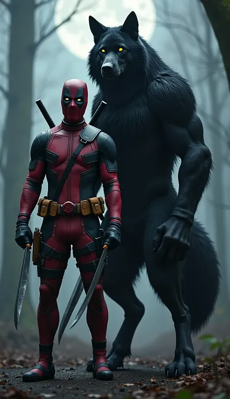 "A hyper-realistic scene showcasing a powerful hybrid character: MCU-style muscular Deadpool, wearing his iconic red and black suit, standing side by side with a towering, majestic black wolf. Deadpool’s body is muscular, and his mask is slightly scratched...